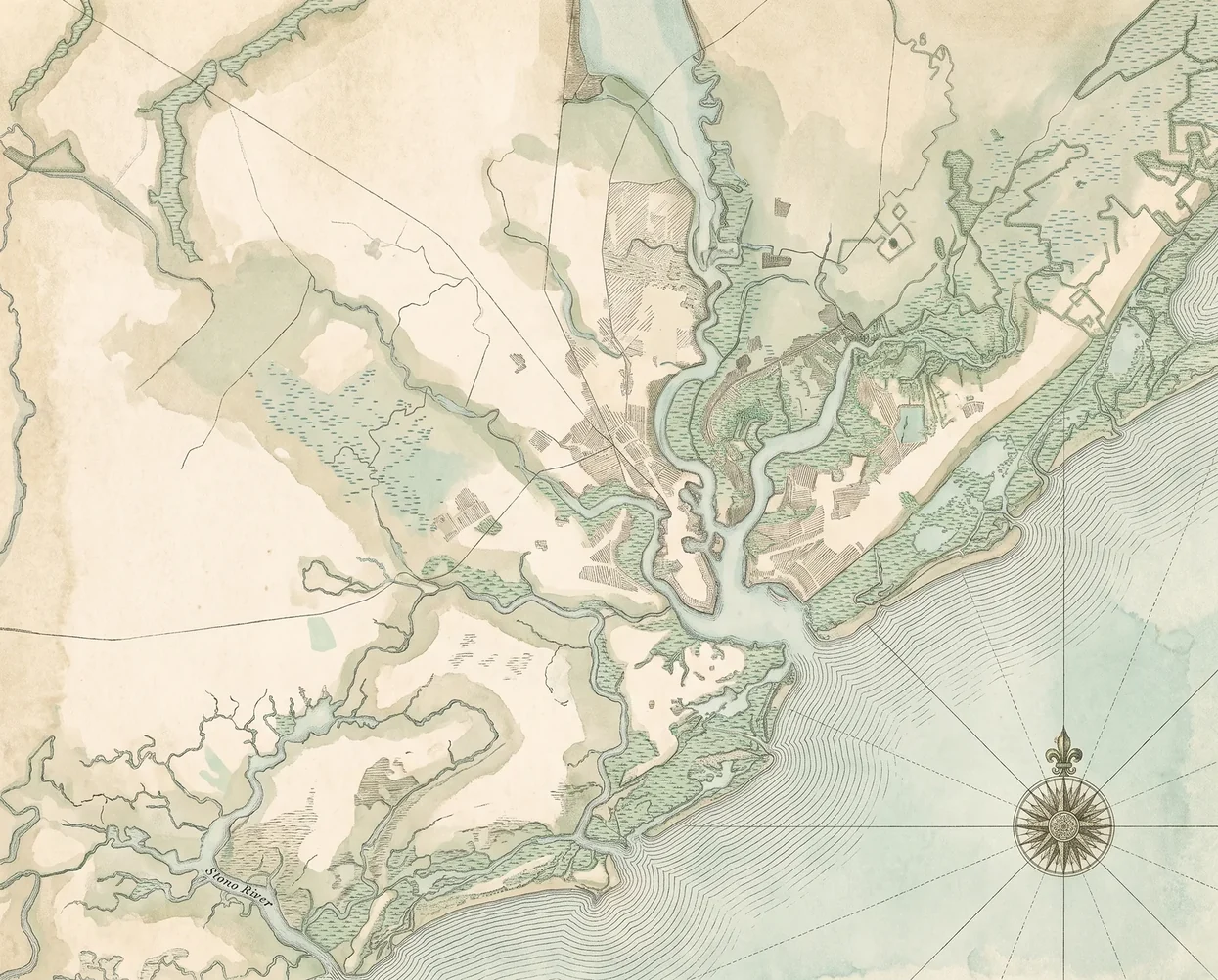 A hand-colored chart of the Charleston area: the peninsula between the Ashley and Cooper rivers, Mount Pleasant, James Island and Johns Island