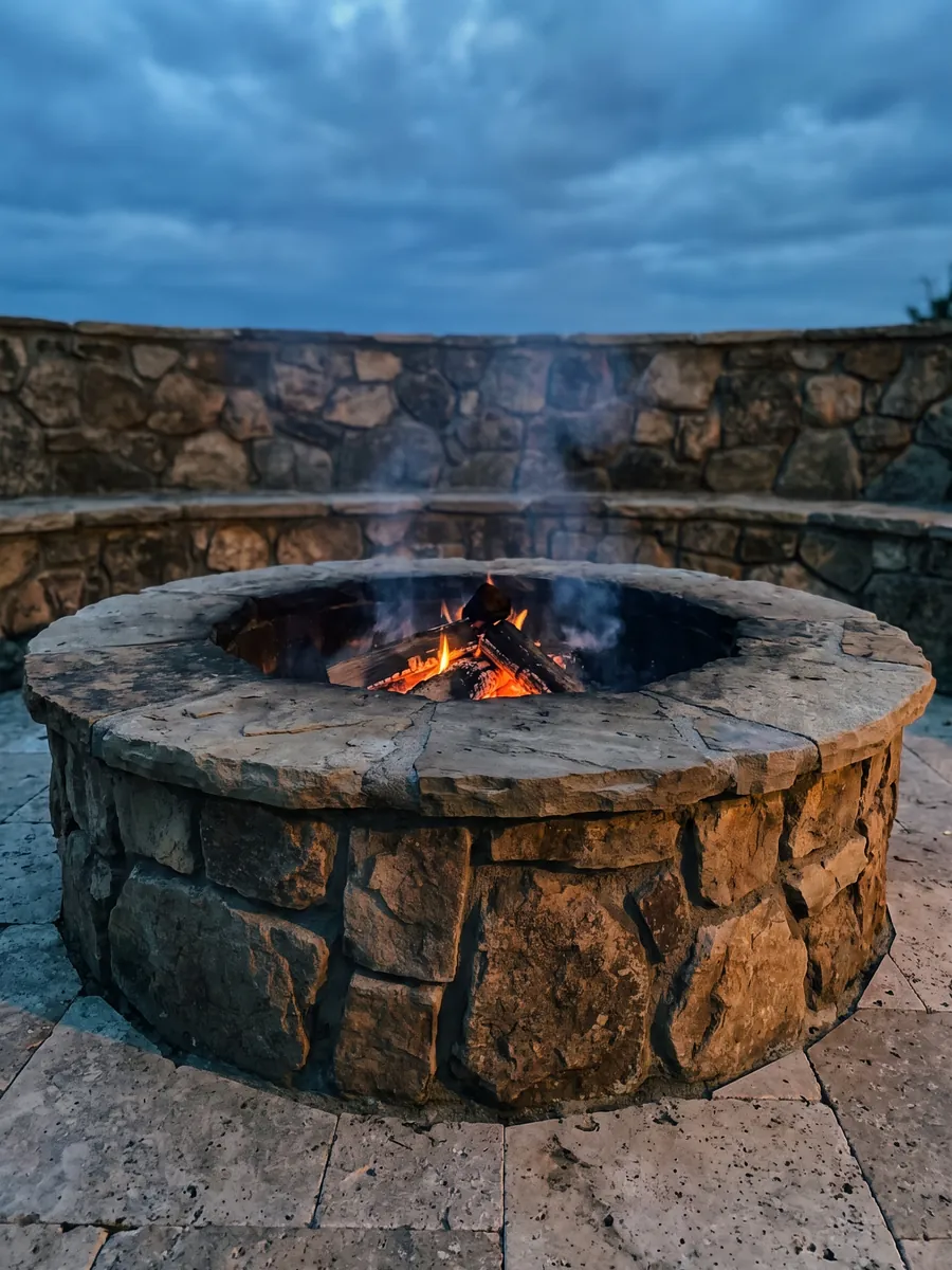 A fieldstone fire pit lit at dusk on travertine