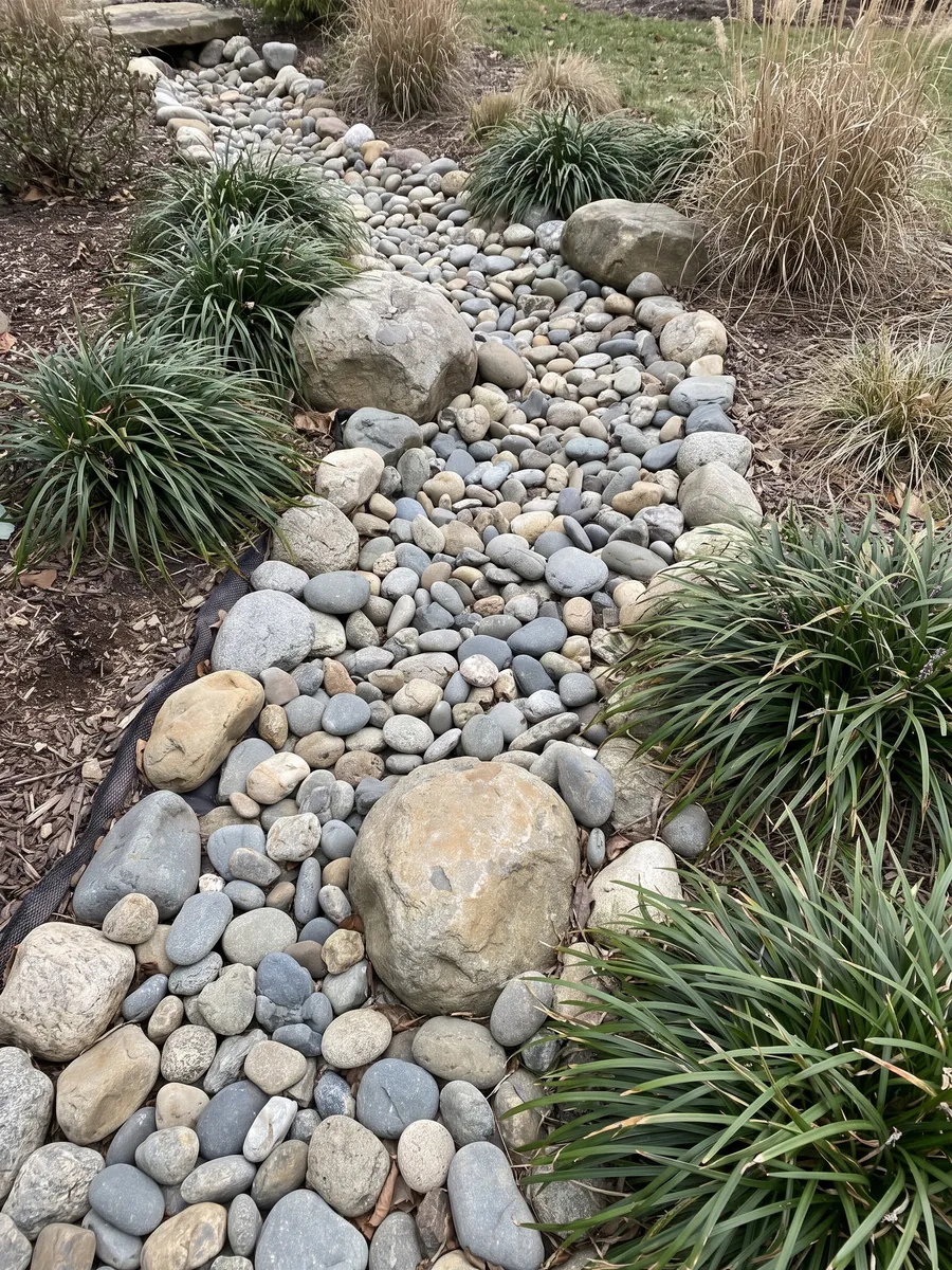 A dry creek of river rock and boulders edged with liriope