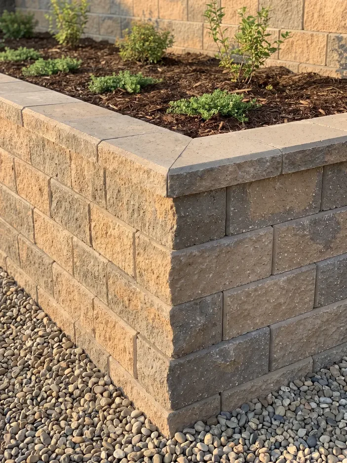 The capped corner of a segmental block retaining wall