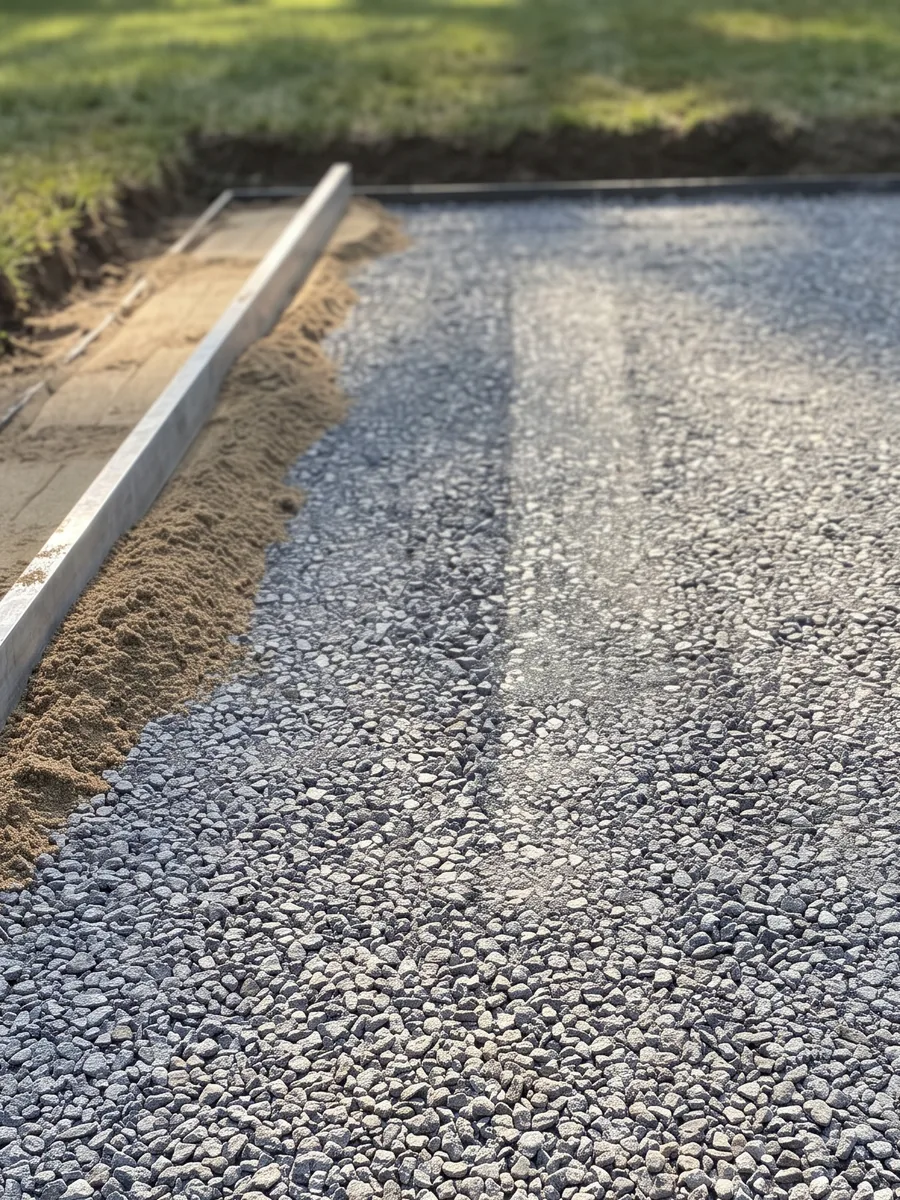 A flat bed of compacted crushed stone with sand being screeded along one side against a rail