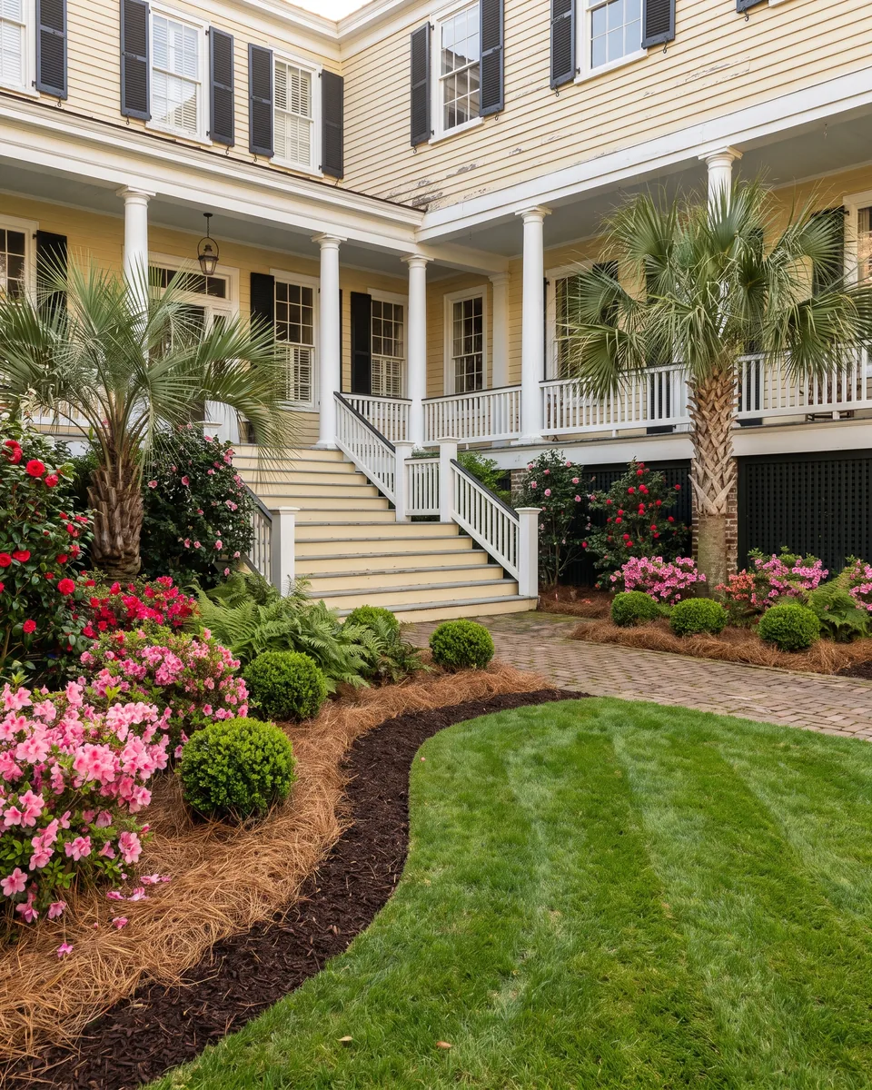 A striped front lawn with crisp edges, beds of azaleas, camellias and boxwood in fresh mulch, in front of a Charleston house