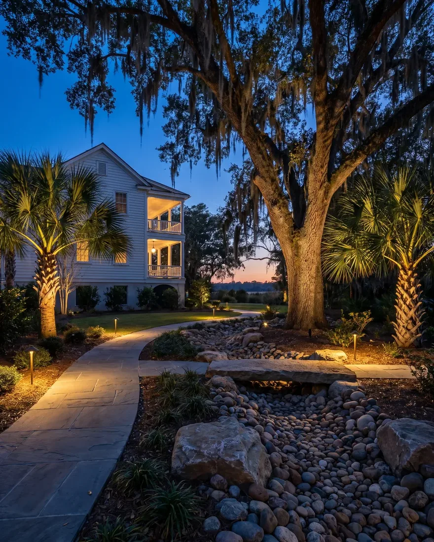 A Charleston garden at dusk: path lights along a bluestone walk, uplit live oak and palmettos, and a river rock creek bed