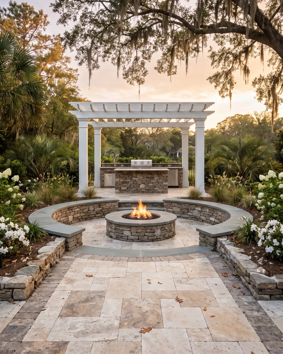 A travertine patio with a round stone fire pit and seating wall, and a white pergola over an outdoor kitchen