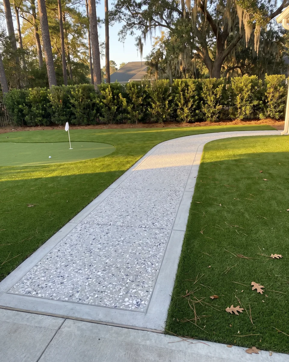 A poured concrete walkway with crushed oyster shell in its surface, curving between artificial turf and a small putting green