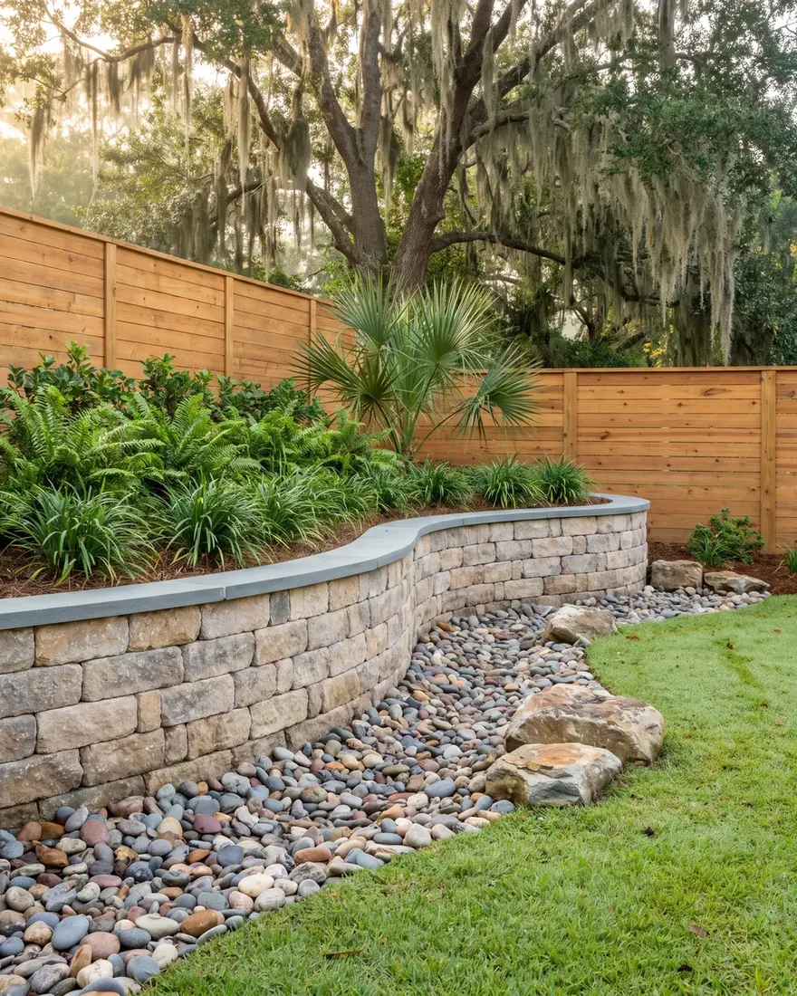 A curved stone block retaining wall holding a planted terrace, a dry creek bed of river rock, and a cedar privacy fence