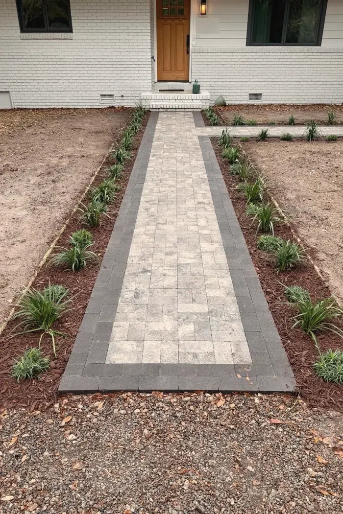 A paver walkway with a dark border up to a front door, new beds either side