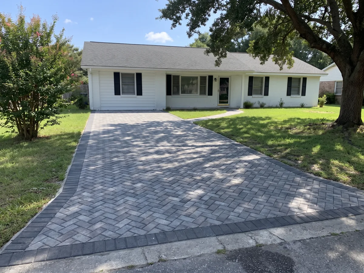 A charcoal paver driveway in front of a white brick house