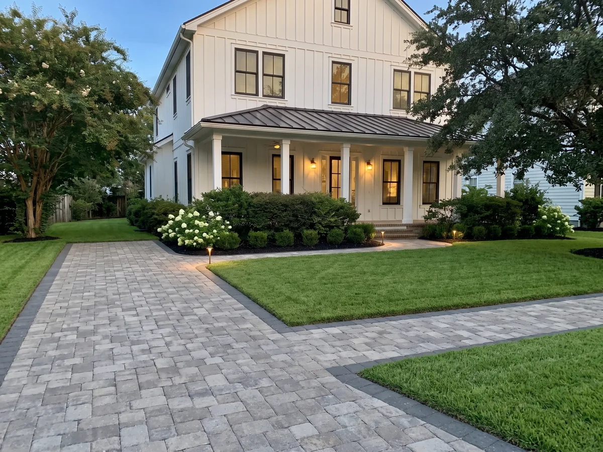 A paver walk and new sod in front of a two-story house