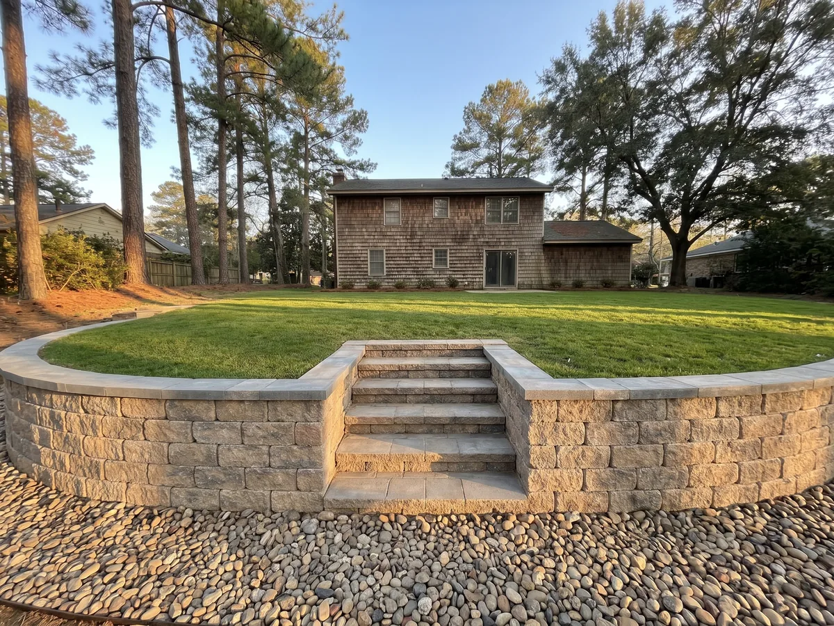 A segmental block retaining wall with steps, holding a raised lawn