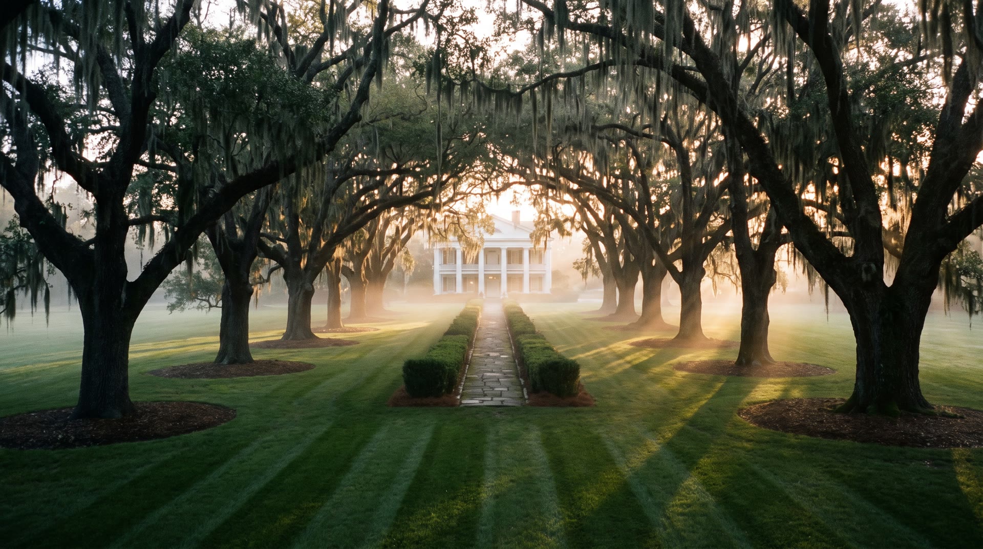 An avenue of live oaks over a long mown lawn at first light